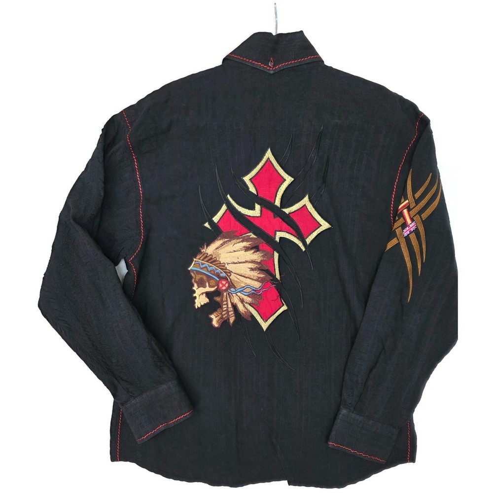 Angelino Shirt Mens 2XL Black Embroidered Cross Chief Long Sleeve Button Western